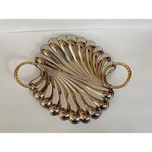 Vintage‎ Silverplate Scallop Shell Serving Tray Brass finsih Rope Handles